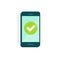 Smartphone with checkmark on display vector illustration, flat cartoon of mobile phone with green tick isolated on white