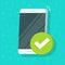 Smartphone checkmark vector icon, flat cartoon mobile phone approved tick notification, idea of successful update check