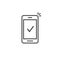 Smartphone and checkmark vector icon, line outline art mobile phone approved tick notification, successful update check