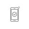 Smartphone and checkmark vector illustration, line outline mobile phone approved tick notification, idea of successful