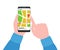 Smartphone with city map in human hands. Road map, address, delivery, location. Direction of travel. Search for way