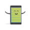 Smartphone concept happy full charge battery. Cute cartoon character phone with hands, eyes and smile