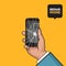 Smartphone with a cracked screen in a mans hand. Broken phone. Crack on screen. Vector illustration. Pop art style.