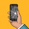Smartphone with a cracked screen in a mans hand. Broken phone. Crack on screen. Vector illustration. Pop art style