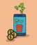 Smartphone device with plant pot in screen and coins in salmon color background
