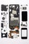 A smartphone disassembled into parts and the parts arranged on a white background.
