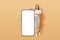 Smartphone display mockup. Internet shopping store. Cheerful happy brown haired adult woman indicating at big phone with white