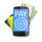 Smartphone, dollar notes and credit cards for mobile payment