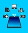 Smartphone. Electronic device icons. Laptop, system unit, speakers, memory card, disk, smartphone, and camera