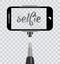 Smartphone with empty screen on monopod isolated on transparent background. Selfie photographic on mobile phone concept. Selfie