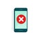 Smartphone with error alert vector illustration, flat mobile phone and warning icon, alarm or attention message