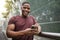 Smartphone, fitness and black man in portrait for wellness website, blog tips update or social media networking his