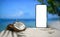 Smartphone frame with blank template screen on podium at beach. Phone mockup on pedestal. Air travel app advertisement