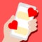 Smartphone in hand with blank yellow speech bubbles and red shape heart, love sign on white screen display