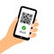 Smartphone in hand with covid vaccination QR code. Valid certificate passport on the screen. Green pass. Flat vector illustration.