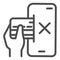 Smartphone and hand with credit card line icon, Payment problem concept, mobile payment canceled sign on white