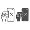 Smartphone and hand with credit card line and solid icon, Payment problem concept, mobile payment canceled sign on white
