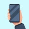 Smartphone in hand. Mobile phone holding in businessman hands. Smart cellphone in arm template for present app flat