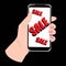 Smartphone in hand with a sale message. Mobile phone, holds in his hands. Mobile phone, digital, device, template for real