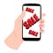 Smartphone in hand with a sale message. Mobile phone, holds in his hands. Mobile phone, digital, device, template for real