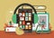 Smartphone with headphones, books on shelves, people listening to audiobooks, flat vector illustration. Audio books app.