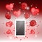 Smartphone with heart balloons on red background ,love and digital for Valentine`s day