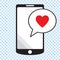 Smartphone with heart in a sms speech bubble, mobile phone and love sms message.