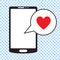 Smartphone with heart in a speech bubble, mobile phone and love message.