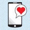 Smartphone with heart in a speech bubble, mobile phone and love message.