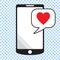 Smartphone with heart in a speech bubble, mobile phone and love message.
