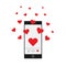 Smartphone with hearts flying. Receiving love message on phone