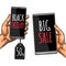 Smartphone hold male hand with hanging sale tag.