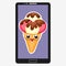 Smartphone with Ice Cream in flat cartoon style. Background of strawberry and vanilla Ice Cream dessert emoticon
