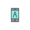 Smartphone with letter A filled outline icon