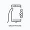 Smartphone line icon. Vector outline illustration of hand holding mobile phone. Technology, gadget screen thin linear