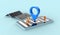 Smartphone locator mark of map city and location pin or navigation icon symbol search travel 3D concept background