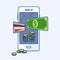 Smartphone mobile with flying dollar money banknote, credit card