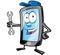 A smartphone mobile repair service or mechanic app cartoon character mascot holding spanner and giving . clip art vector