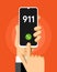 Smartphone mockup in human hand. 911 rescue phone number. Vector colorful technology illustration