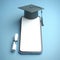 Smartphone with mockup white screen and graduation hat on it on blure bokeh background. ai generative
