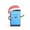 Smartphone New Year concert in Santa hat. Cute Cartoon character phone with hands, eyes and smile