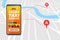 Smartphone with online taxi ordering service app concept. Cab transfer route and geotag gps location pin arrival address