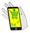 Smartphone on the palm invites you to buying on the Internet. The distinctive green drawing on a yellow background. Internet