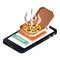 Smartphone pizza order icon, isometric style