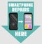 Smartphone repairs flat design sign. Vector illustration of broken and repaired phone with indicative pointers for advertising ban