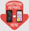 Smartphone repairs flat design sign. Vector illustration of broken and repaired phone with indicative pointers for advertising ban