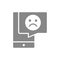 Smartphone with sad face in chat bubble grey icon. Upset customer symbol.