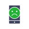 Smartphone with sad face colored icon. Client unsatisfaction, upset customer, negative review symbol