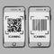 Smartphone scan QR code and barcode. Qr code and barcode scanning icon on mobile phone screen