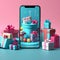 Smartphone screen displaying colorful gifts with bows all around gifts with bows. Gifts as a day symbol of present and